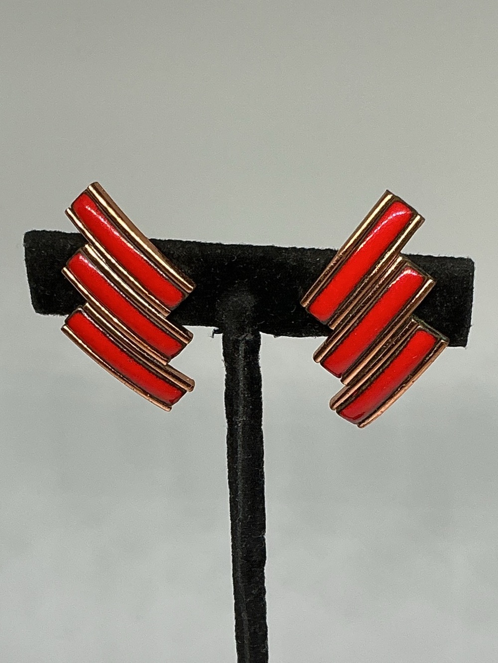 VTG Matisse Renoir Geometric Red Enamel Copper Clip On Earrings
